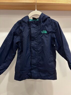 The North Face Kids Navy Rain Jacket with Mint Logo
